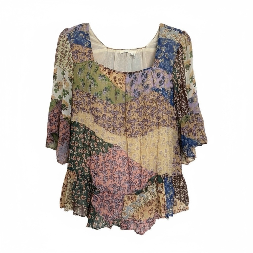 Anthropologie Floreat Patchwork Peasant Top Size Small Floral Beaded Hem Boho